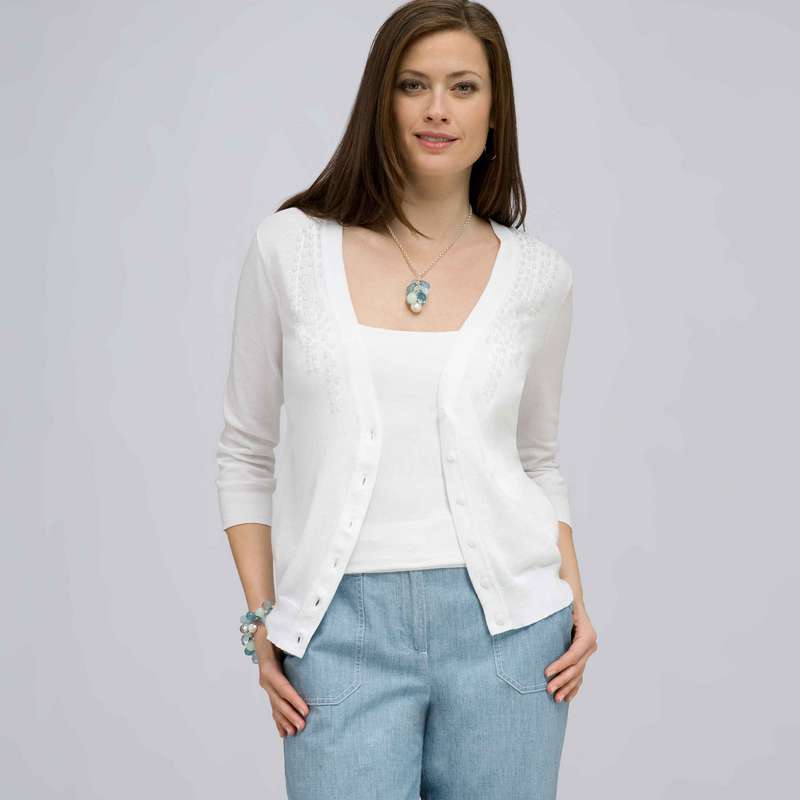 Beaded 3/4 Sleeve Cardigan., White, large image number 0